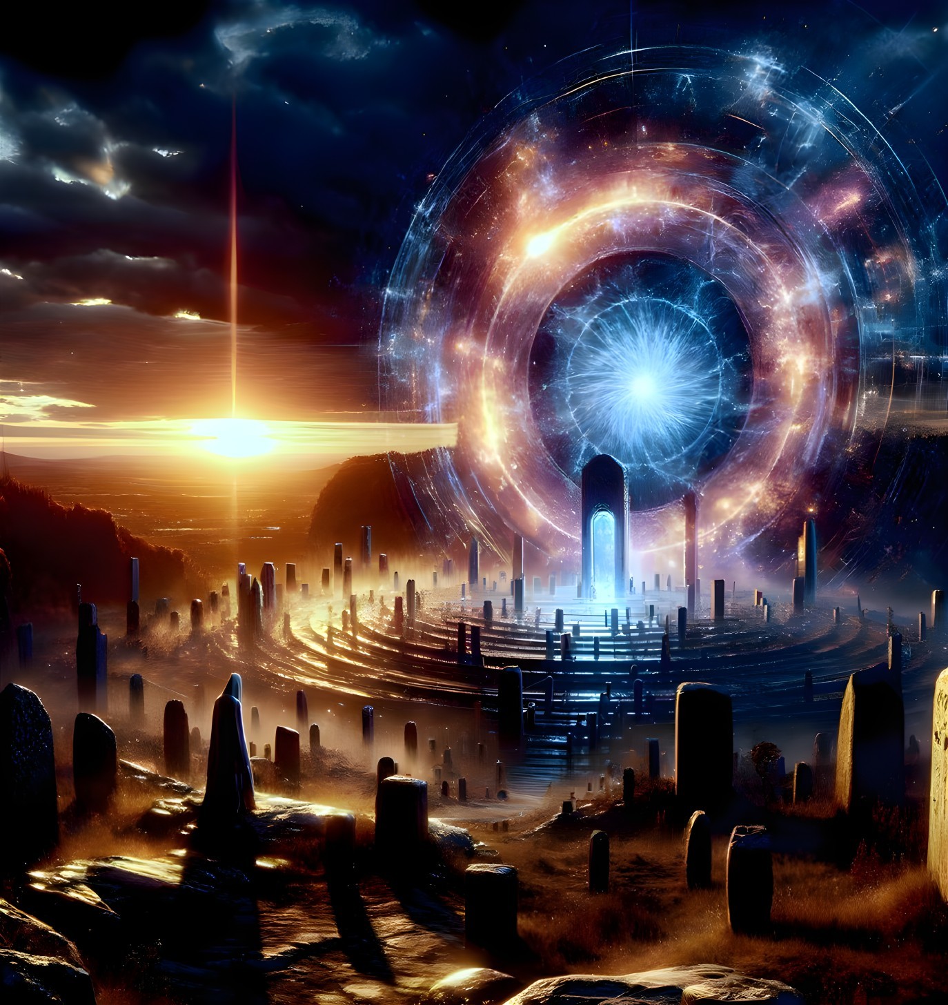 Surreal Landscape with Ancient Stone Structures and Portal