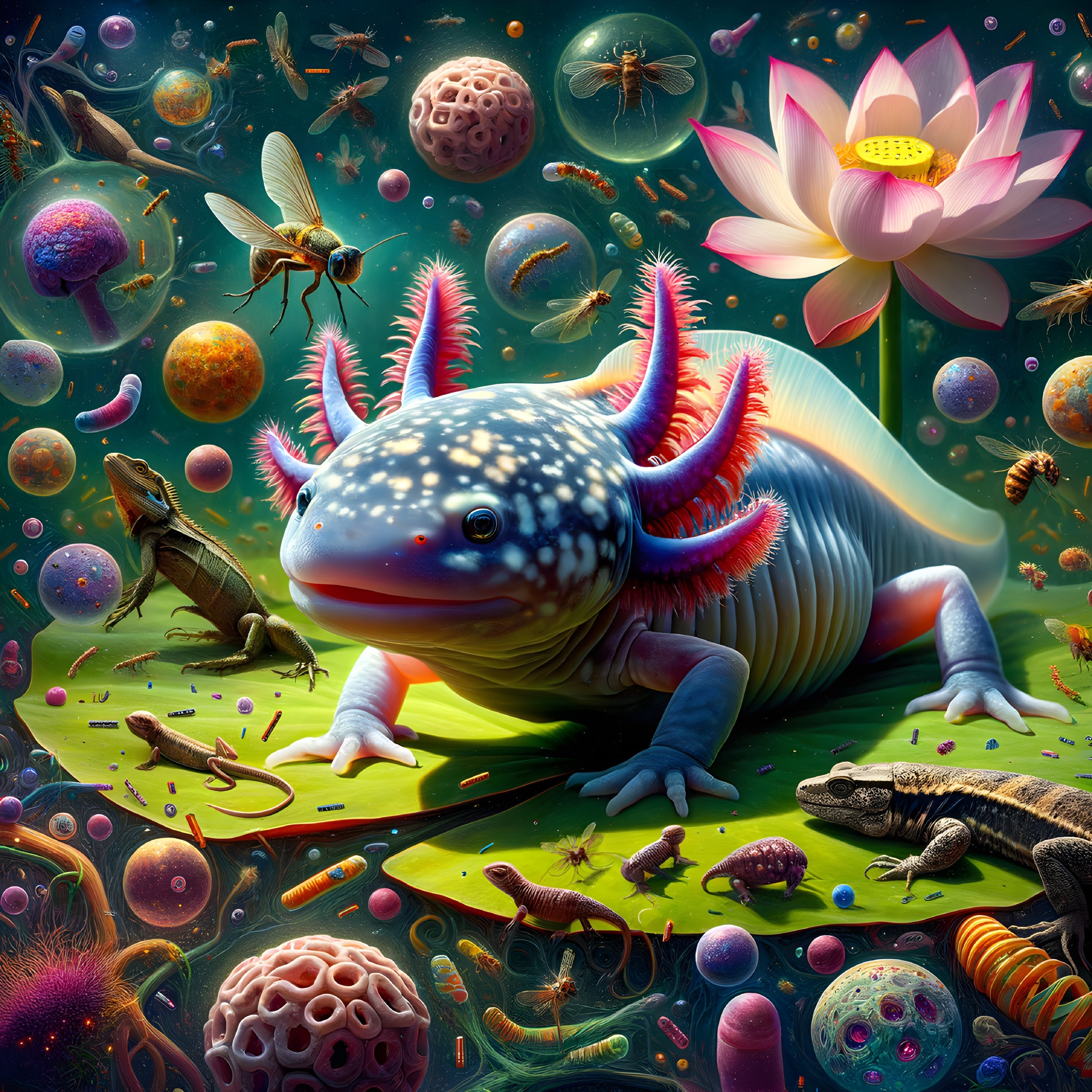 Vibrant Digital Art of Axolotl in Fantastical Setting