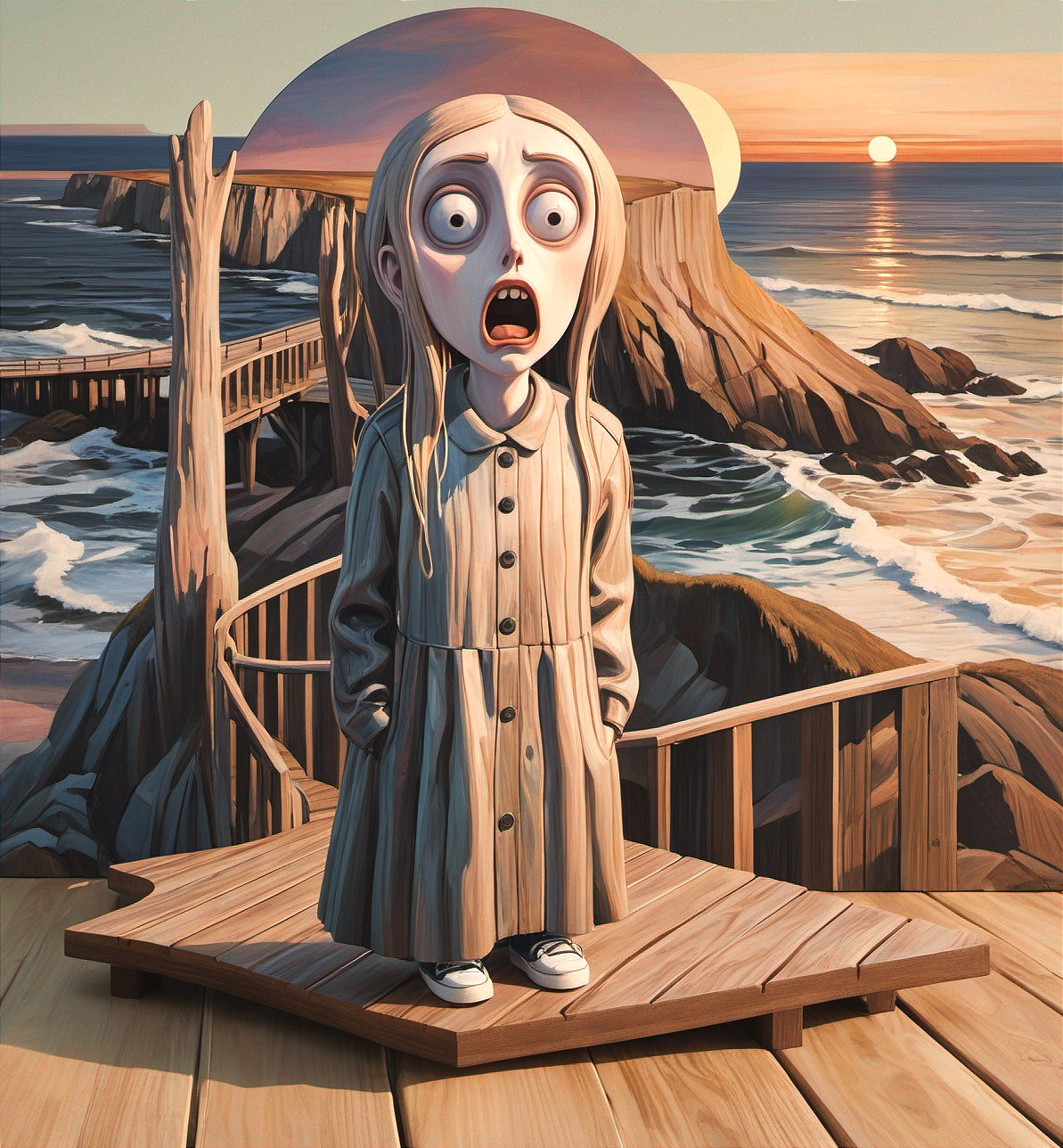 Surreal Coastal Scene with Shocked Girl at Sunset