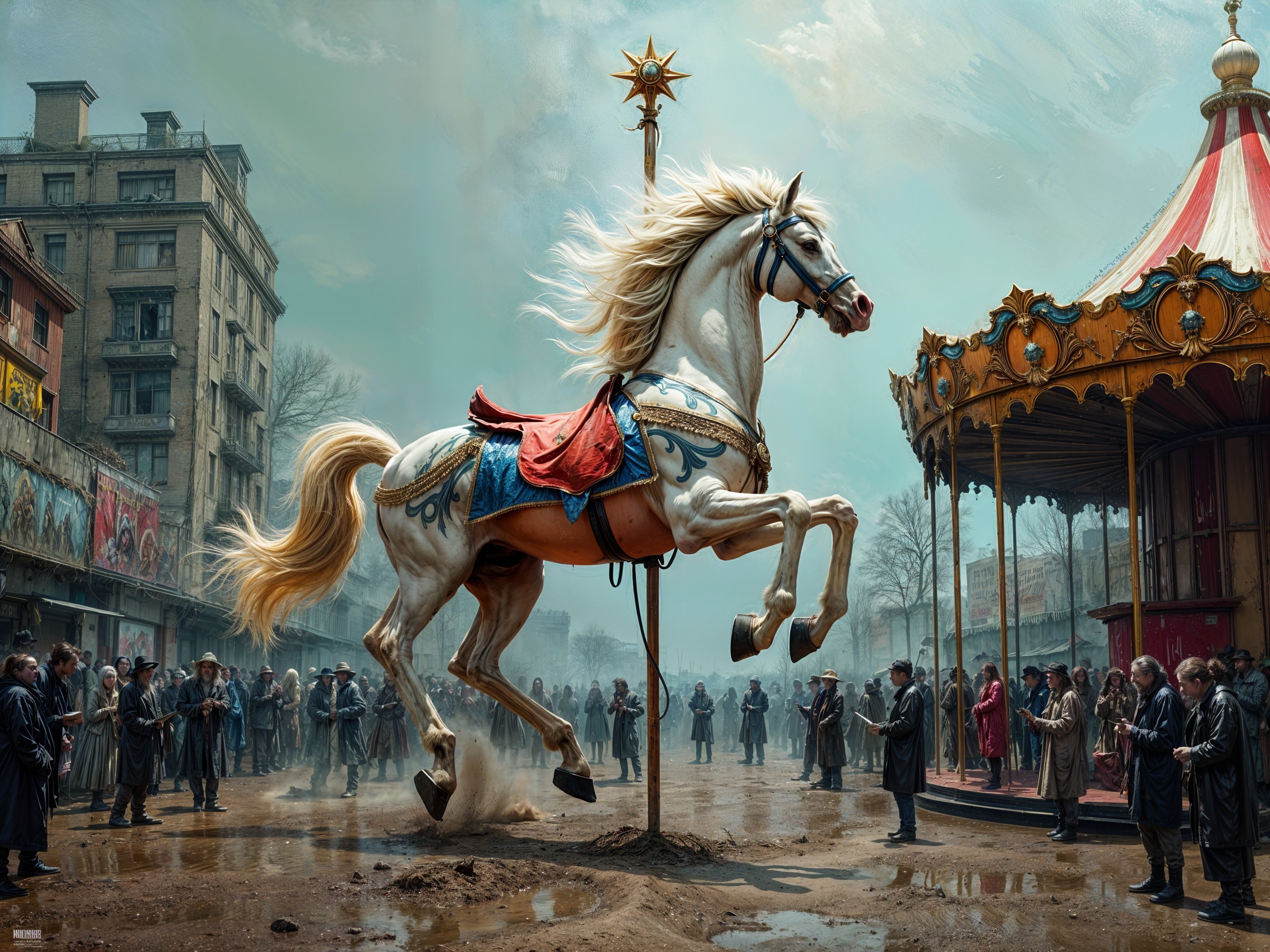 Majestic white horse before ornate carousel and onlookers