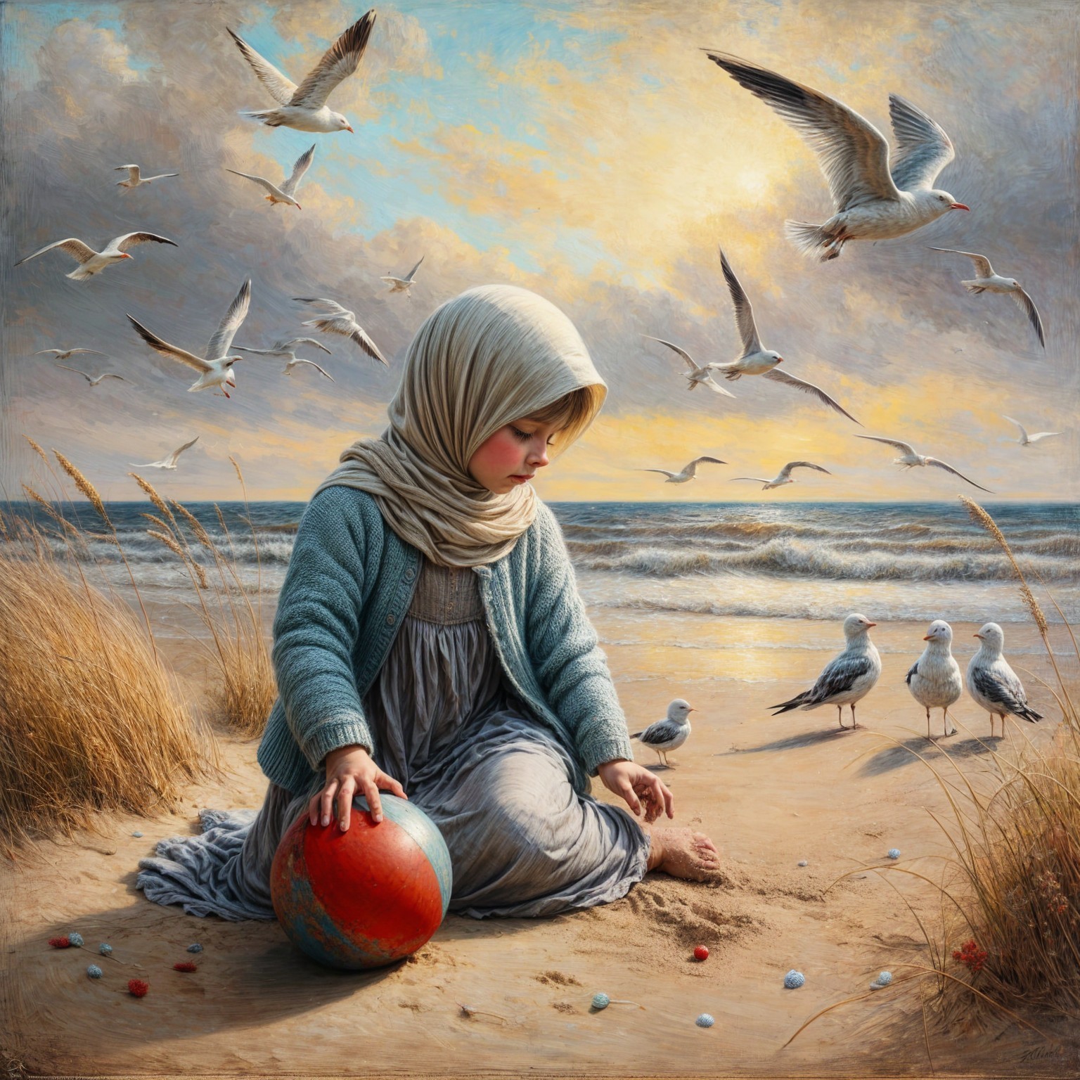 Young girl on beach with ball and sunset backdrop