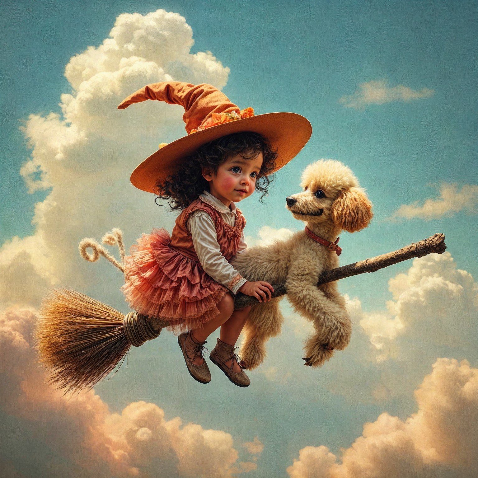 Young Girl in Witch Costume Riding Broomstick with Dog