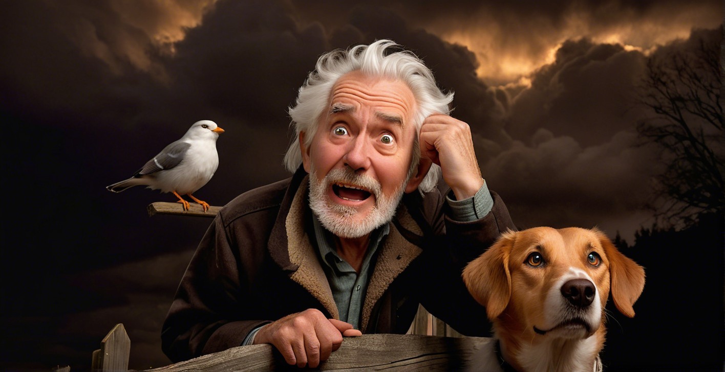 Elderly Man and Dog at Fence Under Dramatic Sky