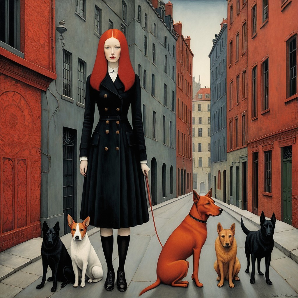 Woman with Red Hair and Dogs in Urban Street Scene