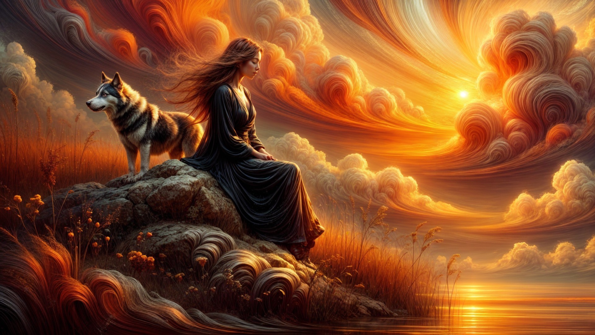 Woman in Black Dress with Wolf at Sunset by Water