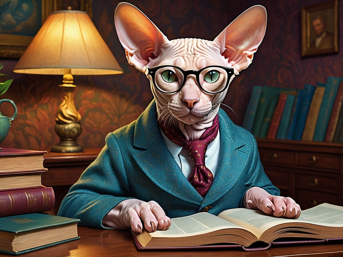 Sphynx Cat in Blazer Reading at a Wooden Desk