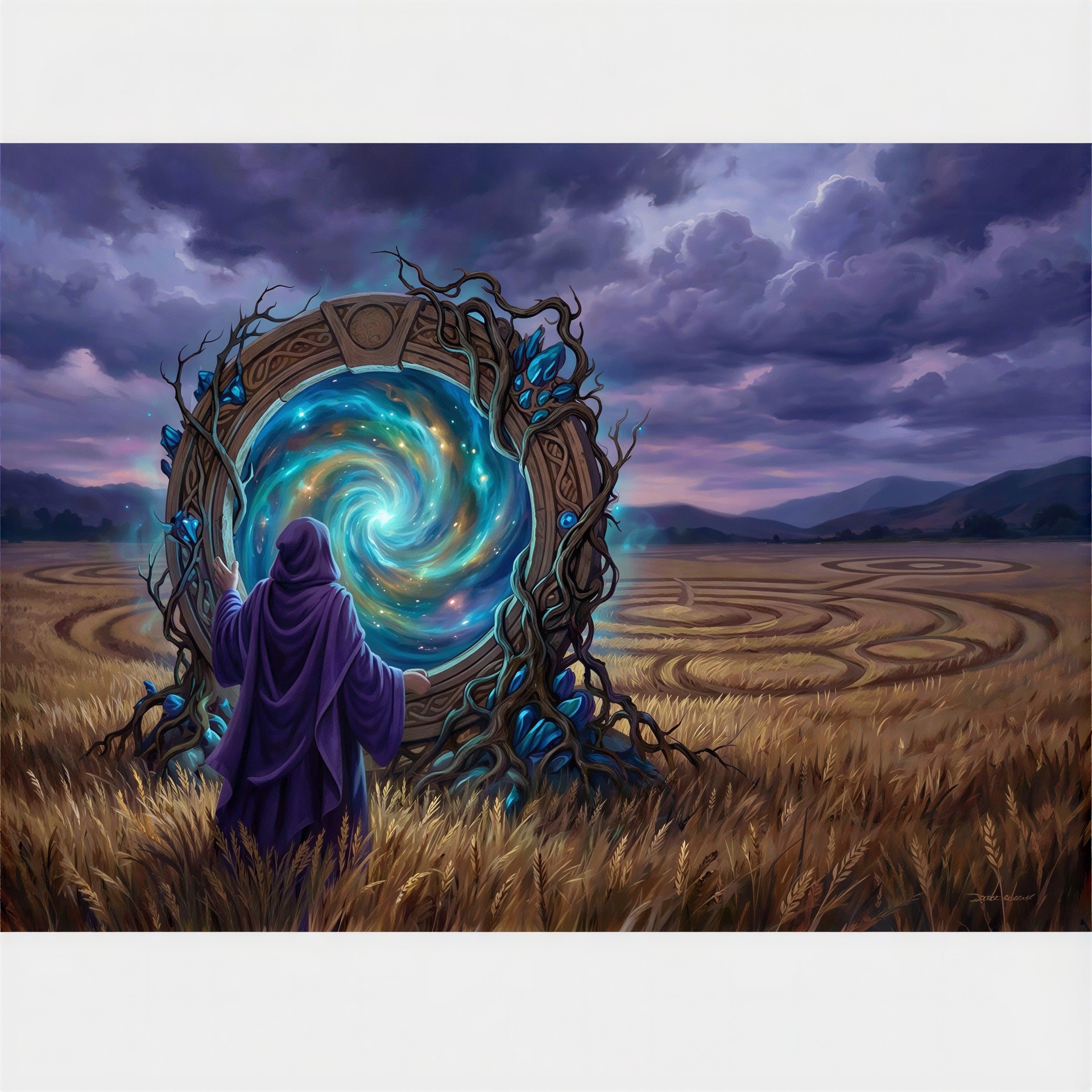 Wizard in Purple Robe Before Ancient Glowing Portal