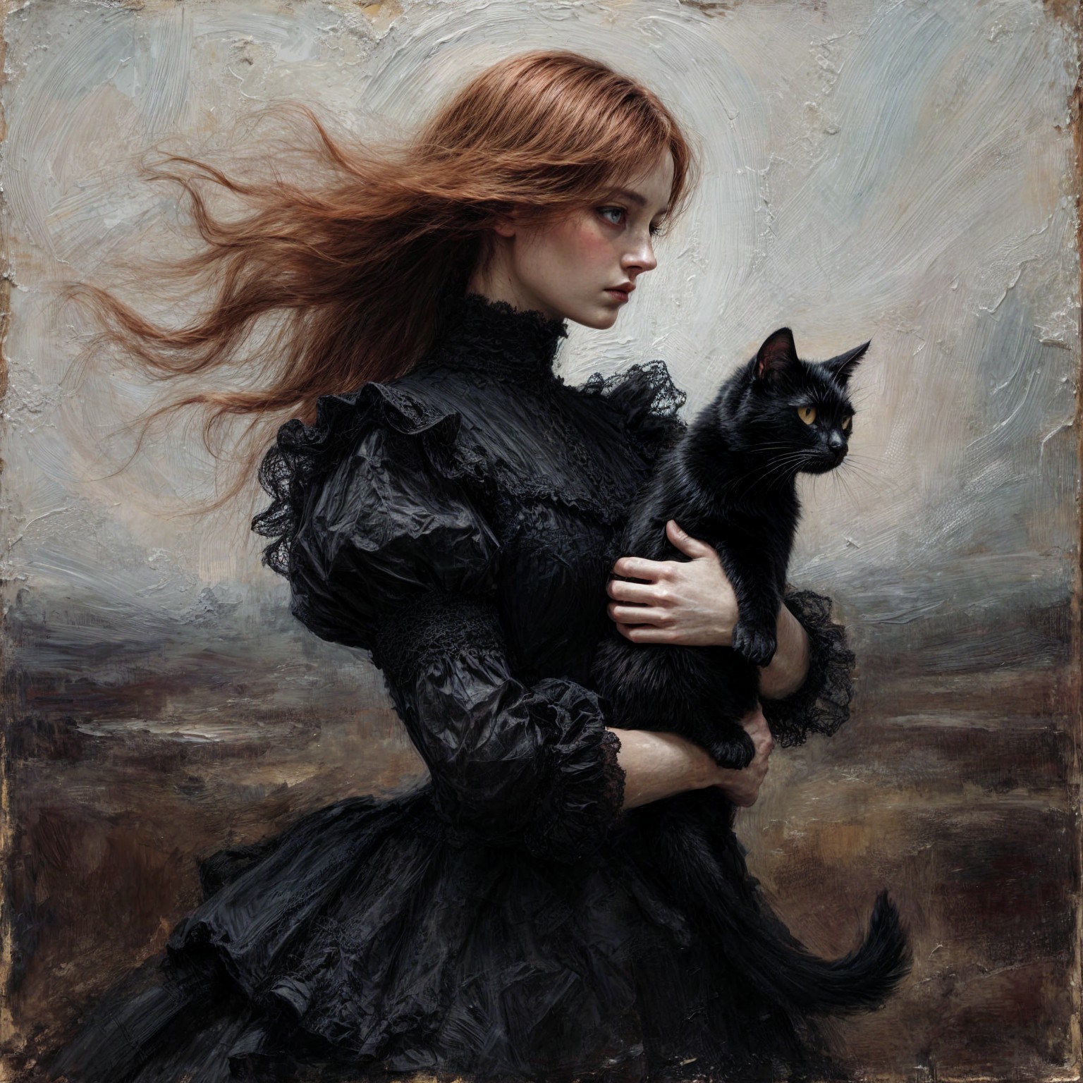Young woman in black dress with a black cat