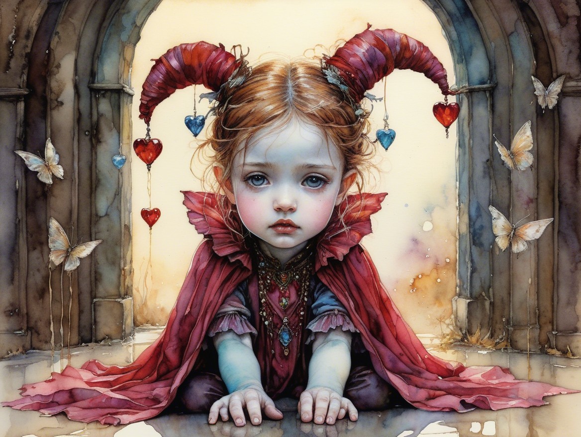 Young girl in crimson cape in a whimsical setting