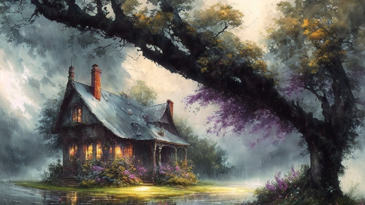 Rustic cottage by tranquil pond with lush greenery