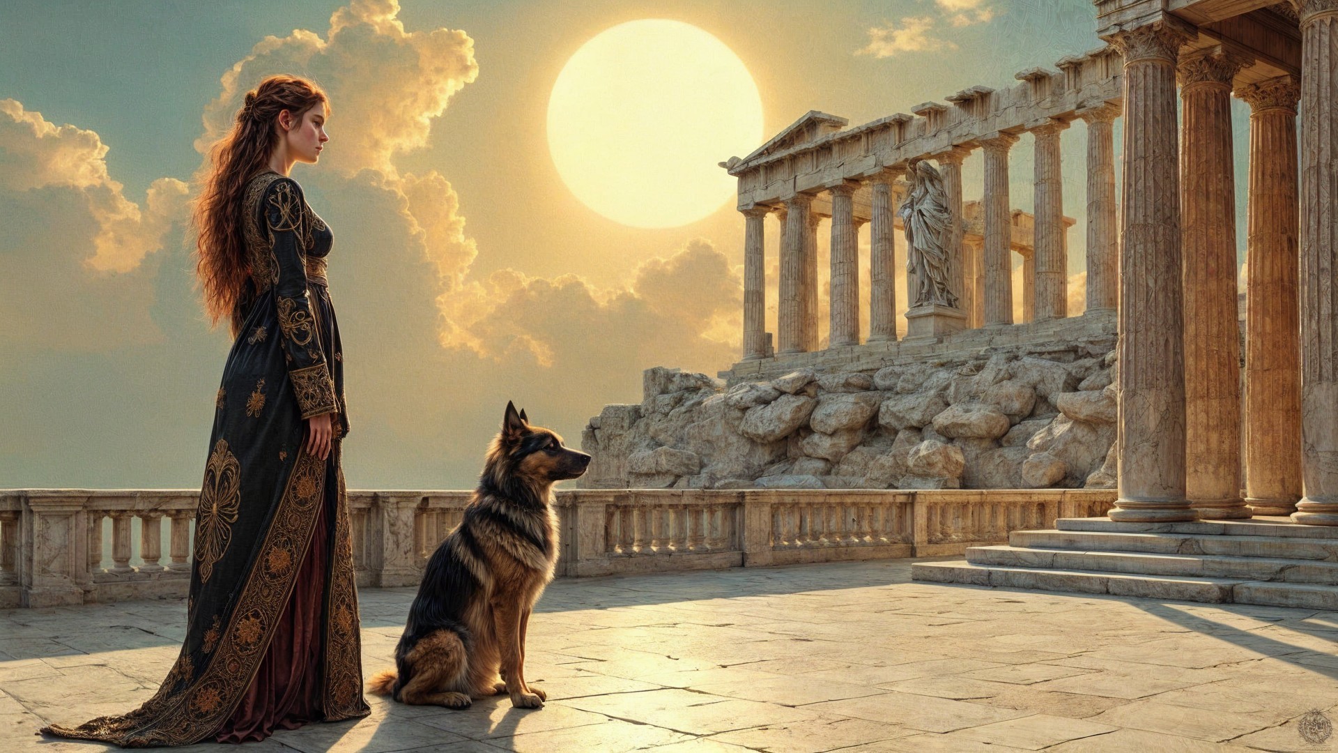 Woman in Black Gown by Ancient Temple at Sunset