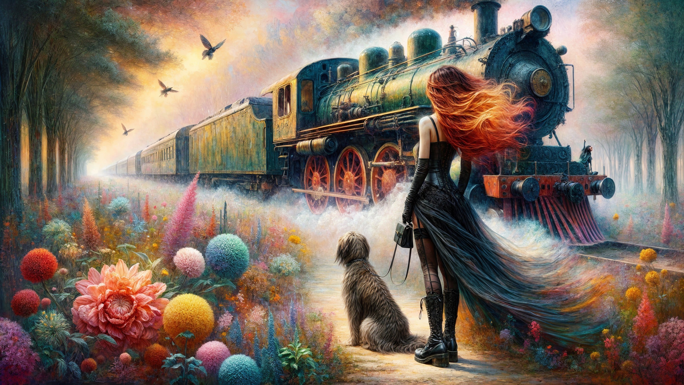 Woman with Red Hair and Dog by Steam Locomotive