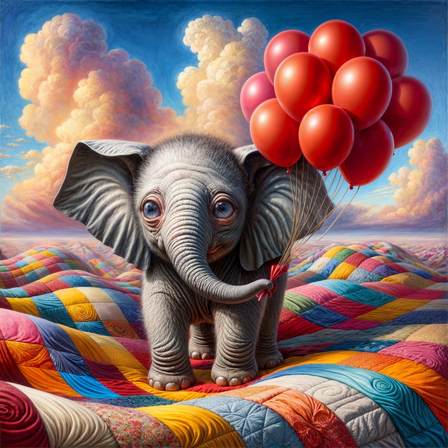 Whimsical Scene of Grey Elephant with Red Balloons