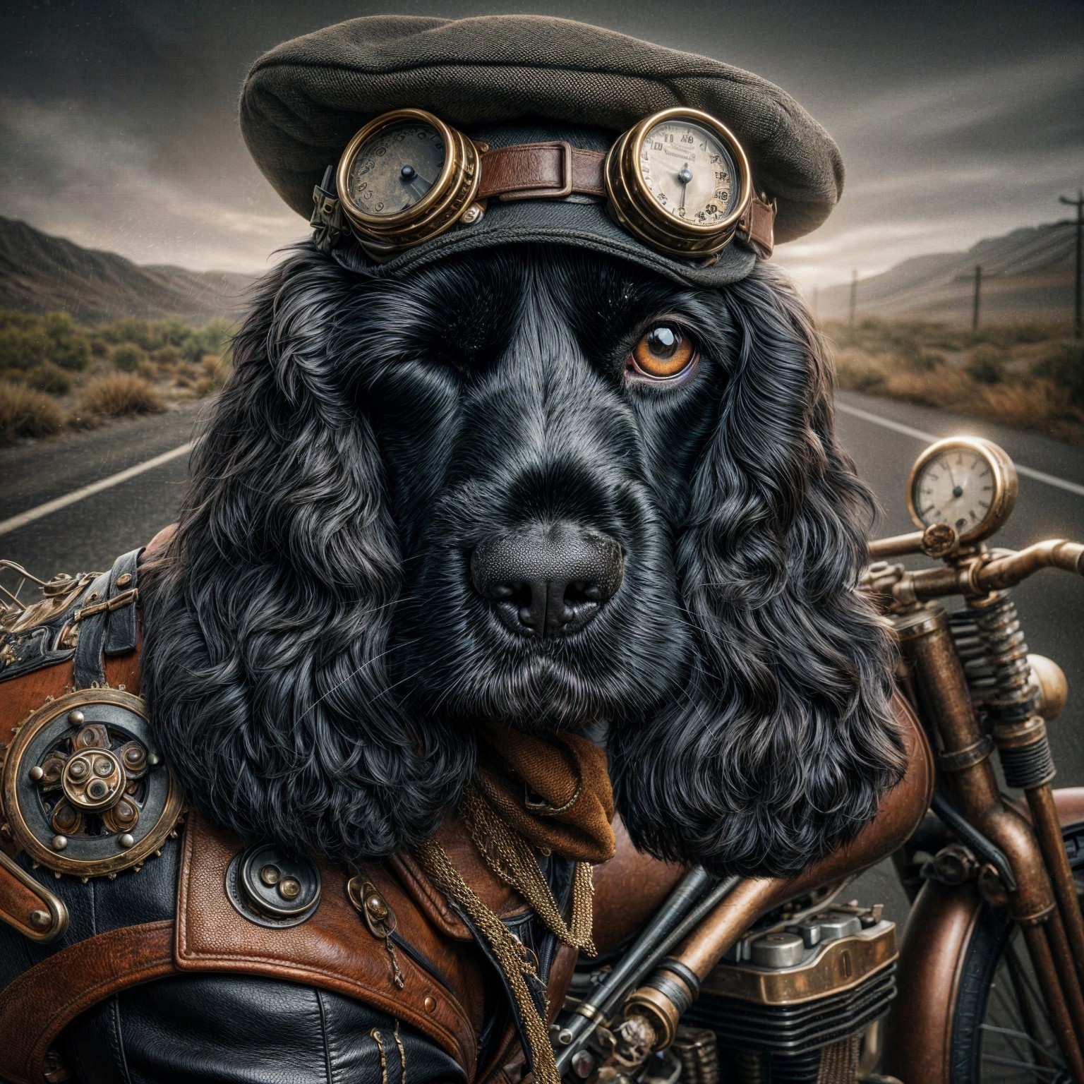 Stylized dog on steampunk motorcycle in mountains