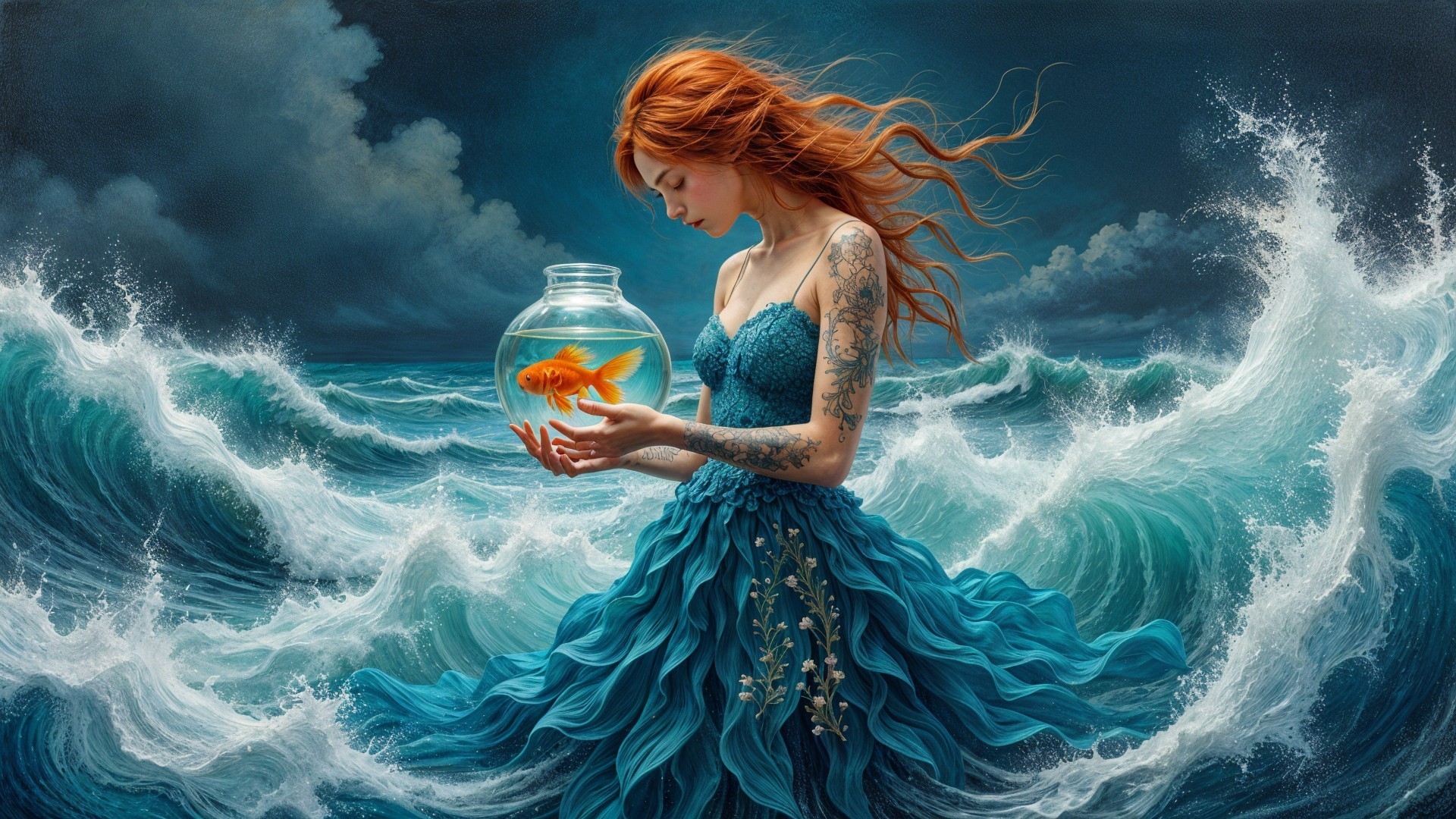 Woman in Teal Dress with Fishbowl by Ocean Waves