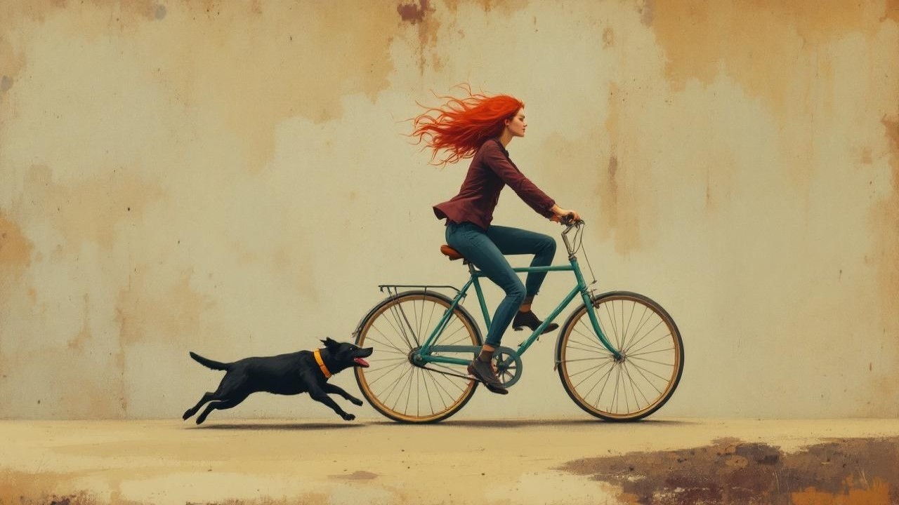 Woman with red hair riding teal bicycle on sandy path