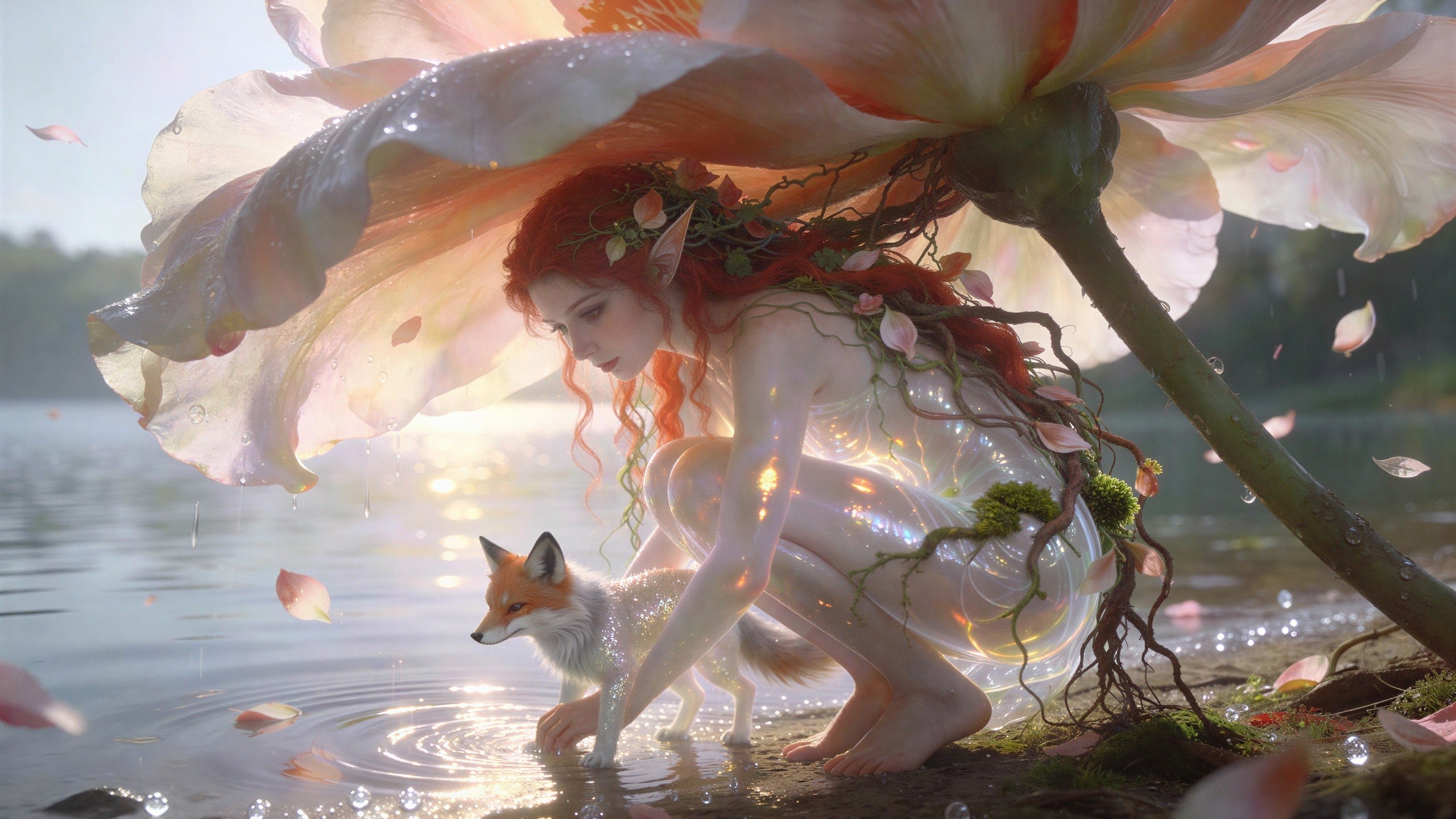 Redheaded fairy and fox by a lake at dusk