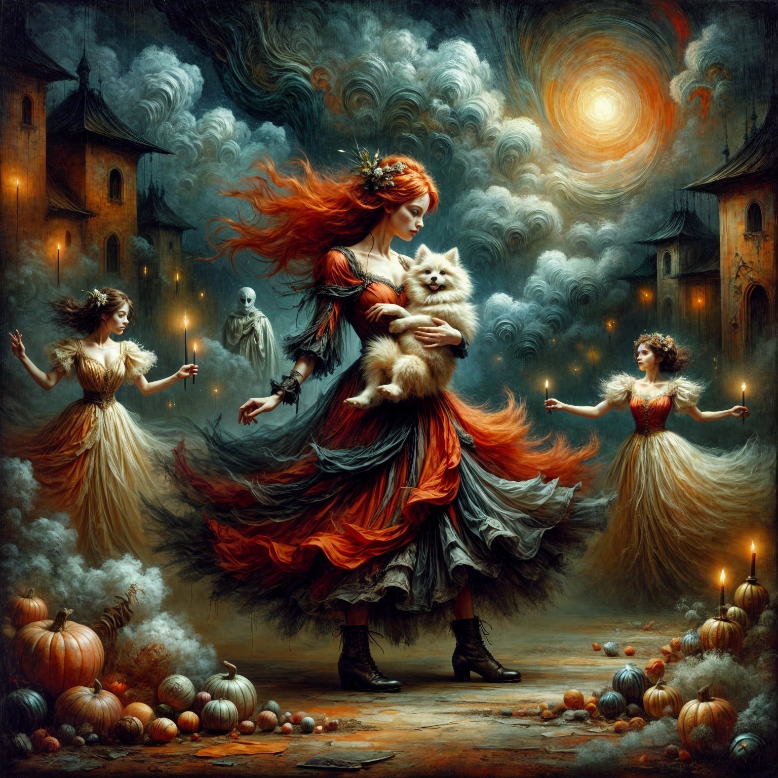 Fiery-Haired Woman with Dog Amidst Dancing Spirits