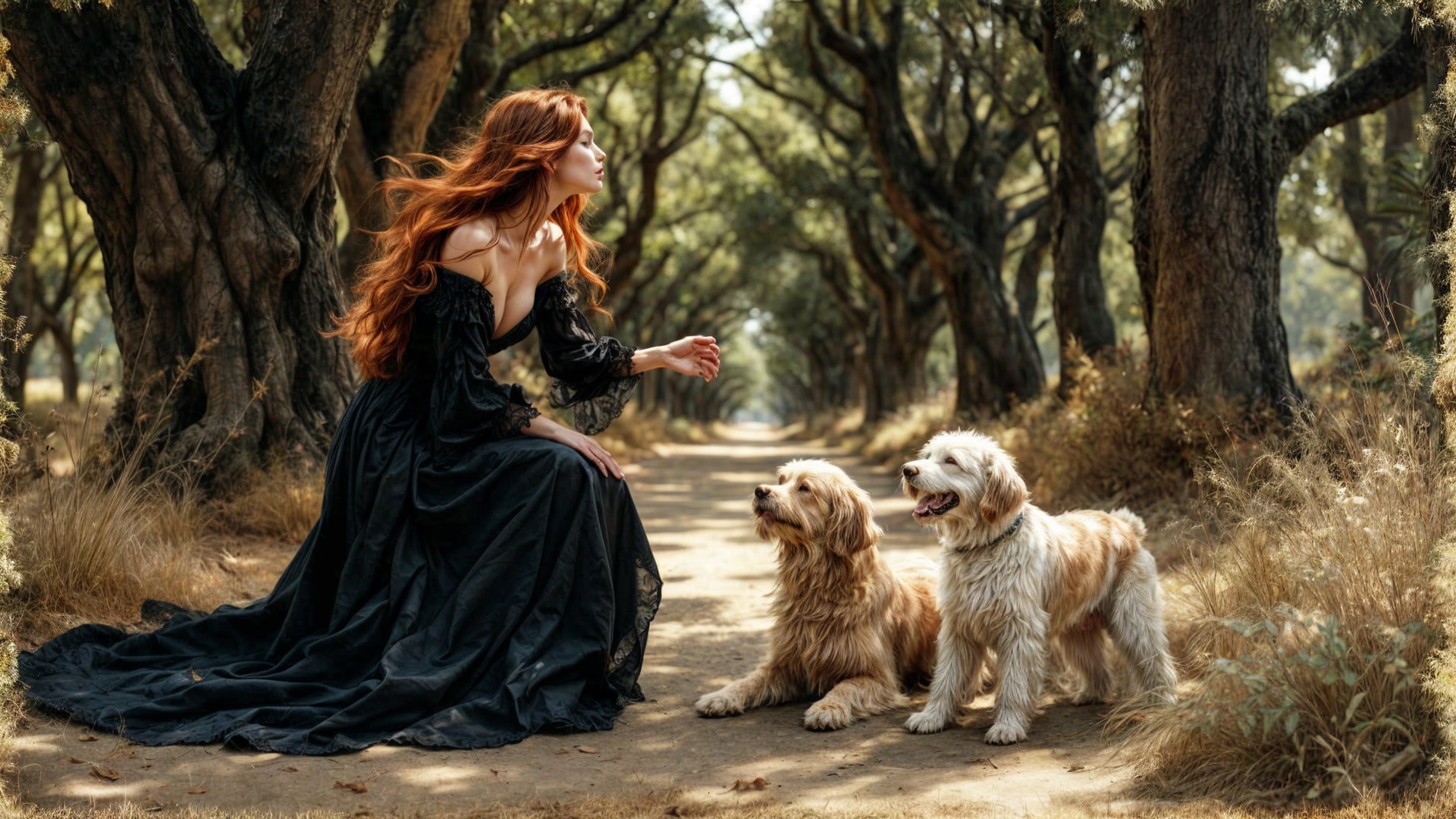 Serene Path with Woman and Golden Retrievers