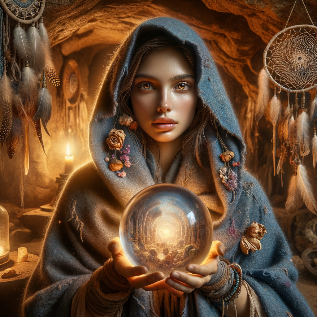 Mystical Figure with Crystal Ball in Dim Cave Setting