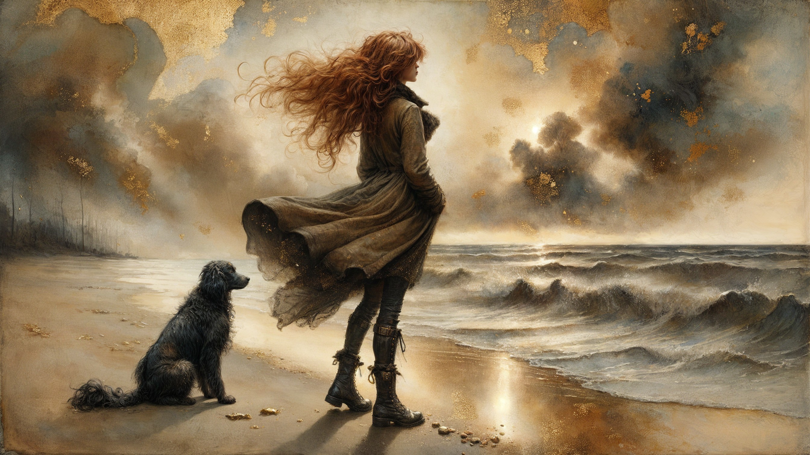 Woman and dog on beach with waves and dramatic sky