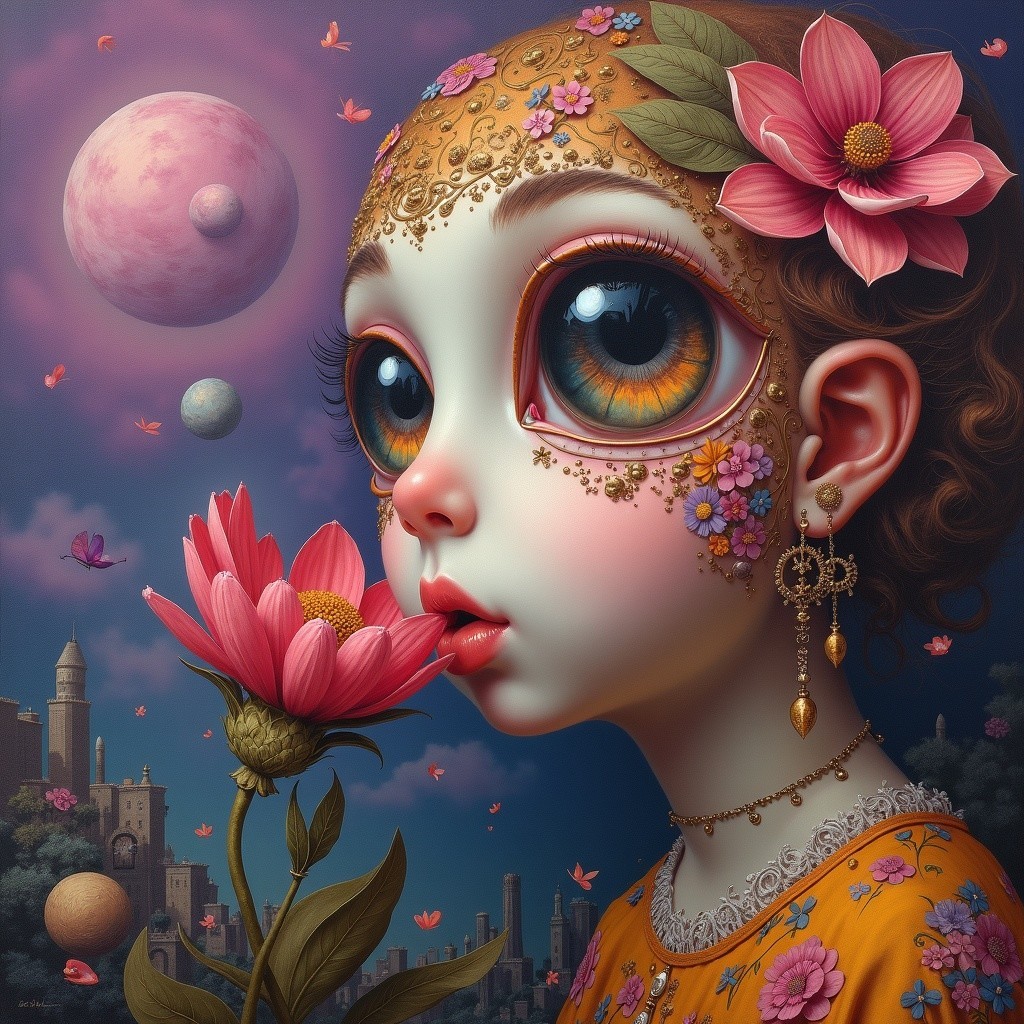 Whimsical Portrait of a Girl in Dreamlike Landscape