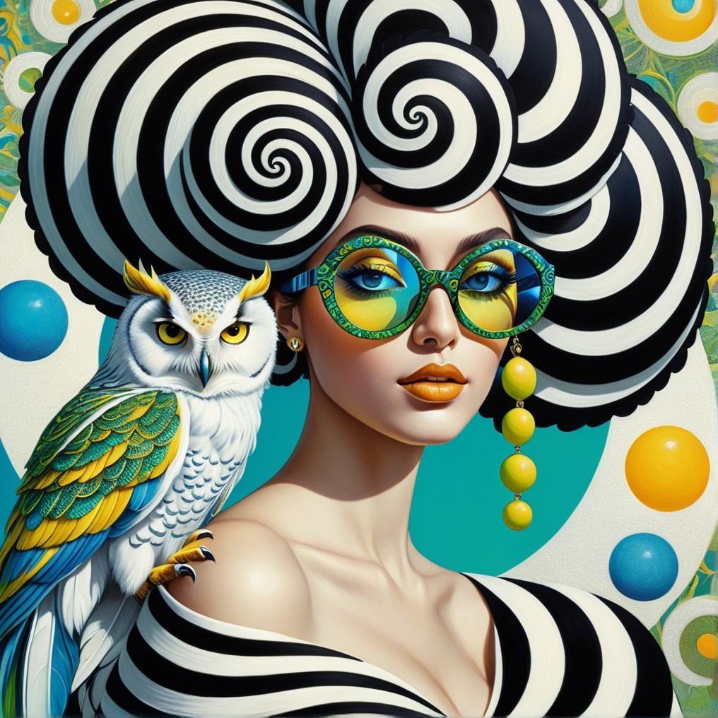 Stylized portrait of a woman with spiral hair and owl