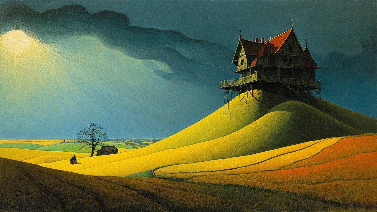 Surreal Landscape with Whimsical House and Fields