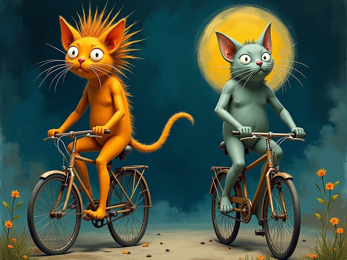 Animated Cats Riding Bicycles in Whimsical Scene