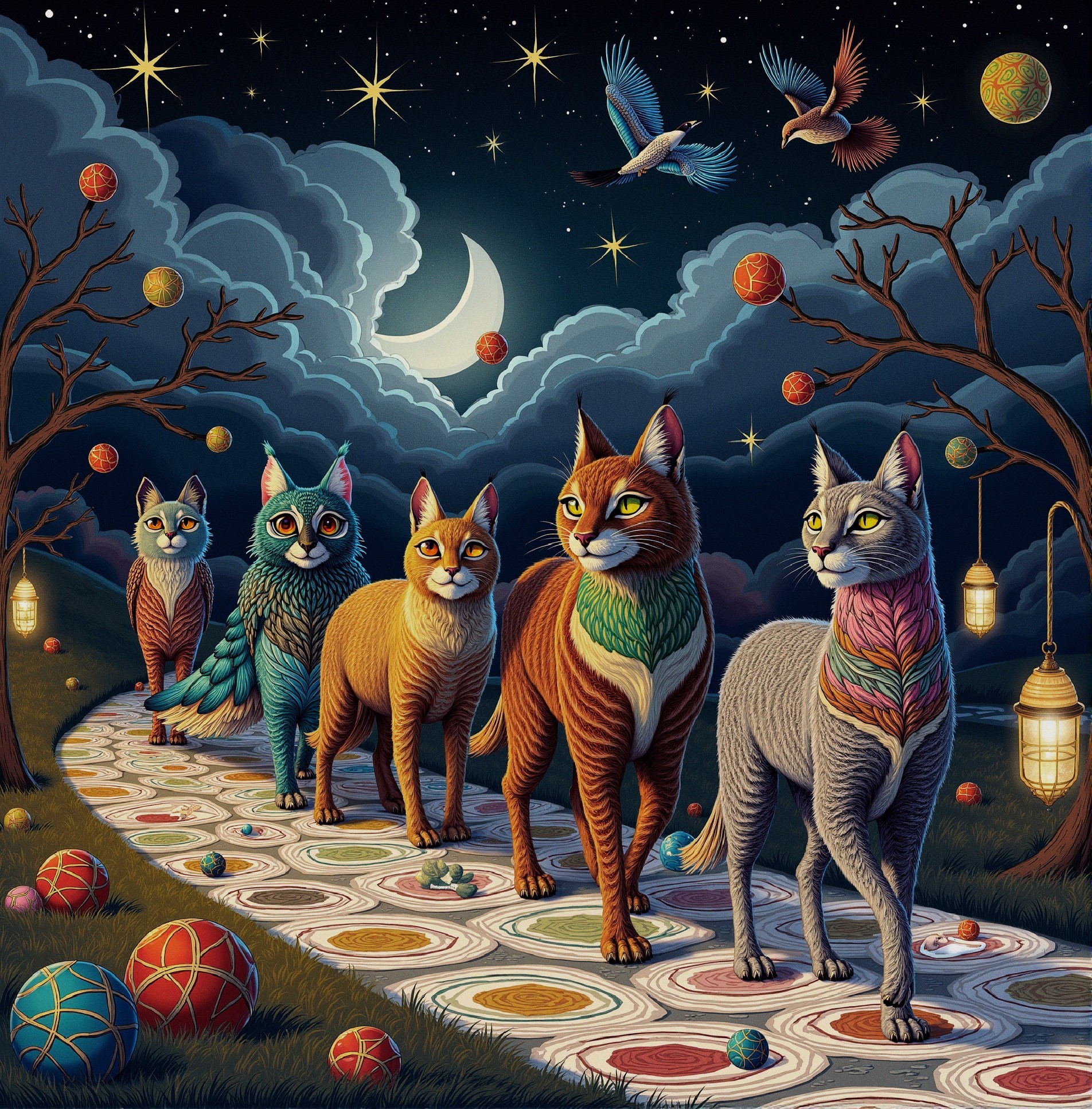 Colorful Cats Walking on a Whimsical Night Path