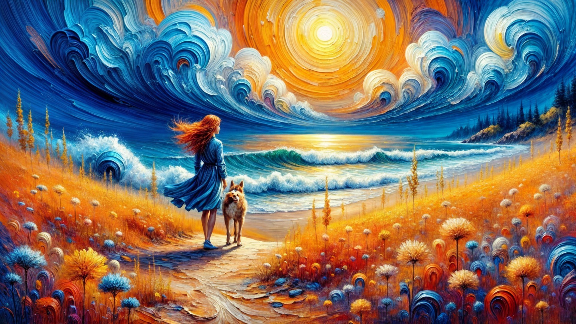 Woman in Blue Dress at Vibrant Beach During Sunset