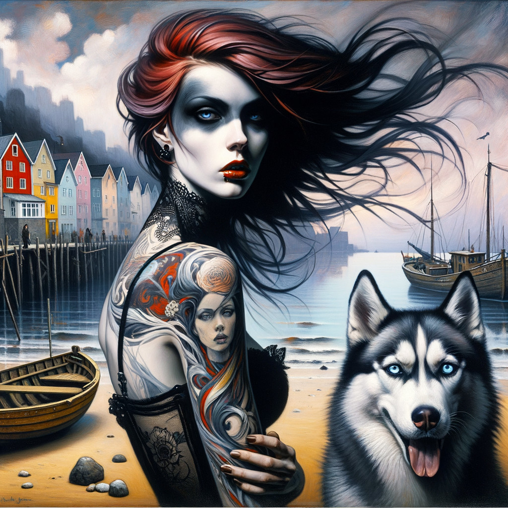 Striking Woman with Red Hair and Husky on Beach