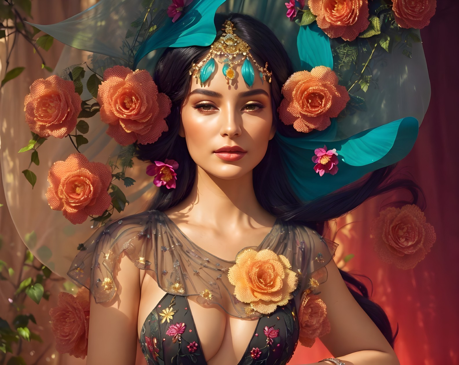 Portrait of a Woman with Floral Accessories and Elegance