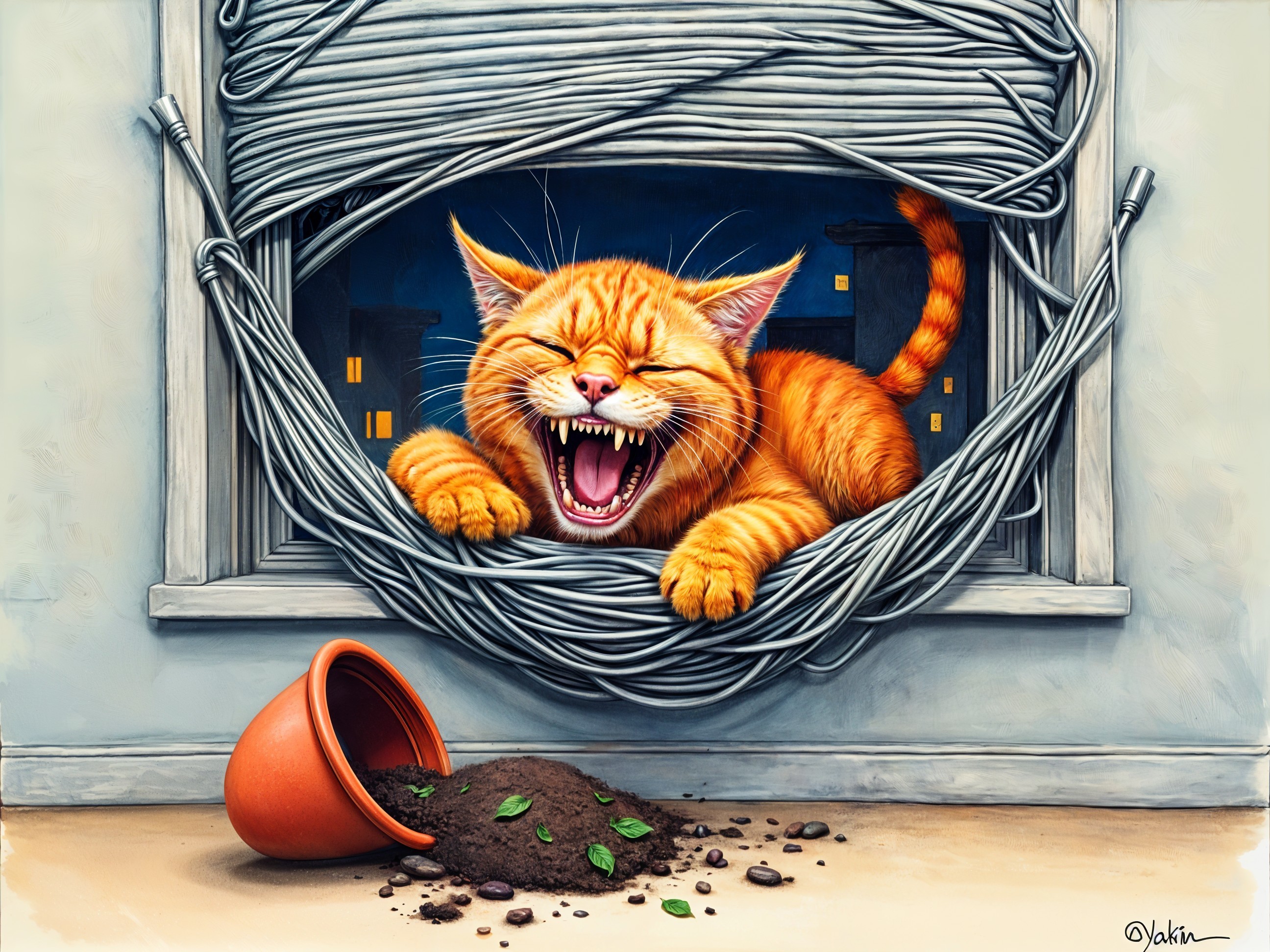 Mischievous Orange Cat in Tangled Window at Night