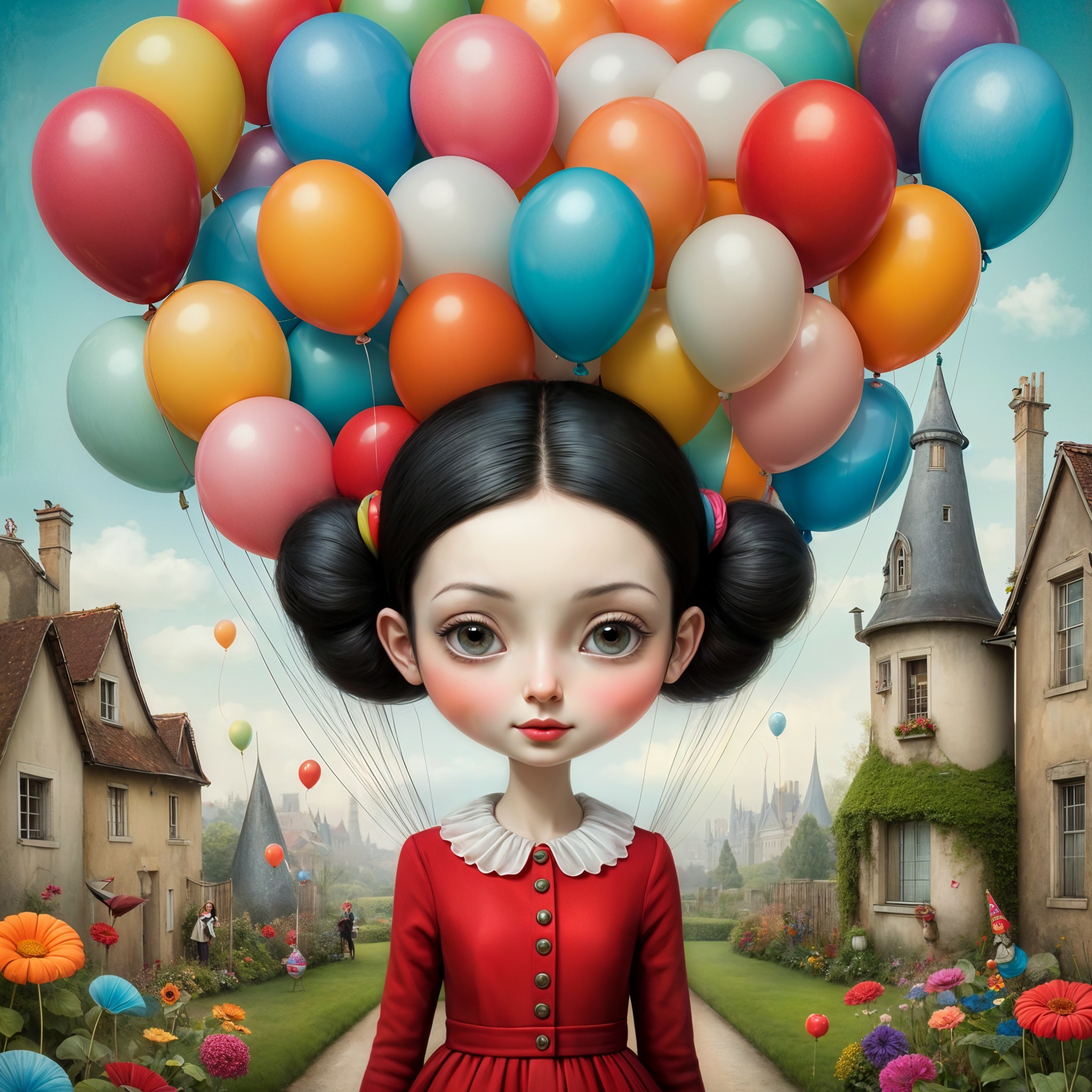 Whimsical Village Scene with a Girl and Balloons