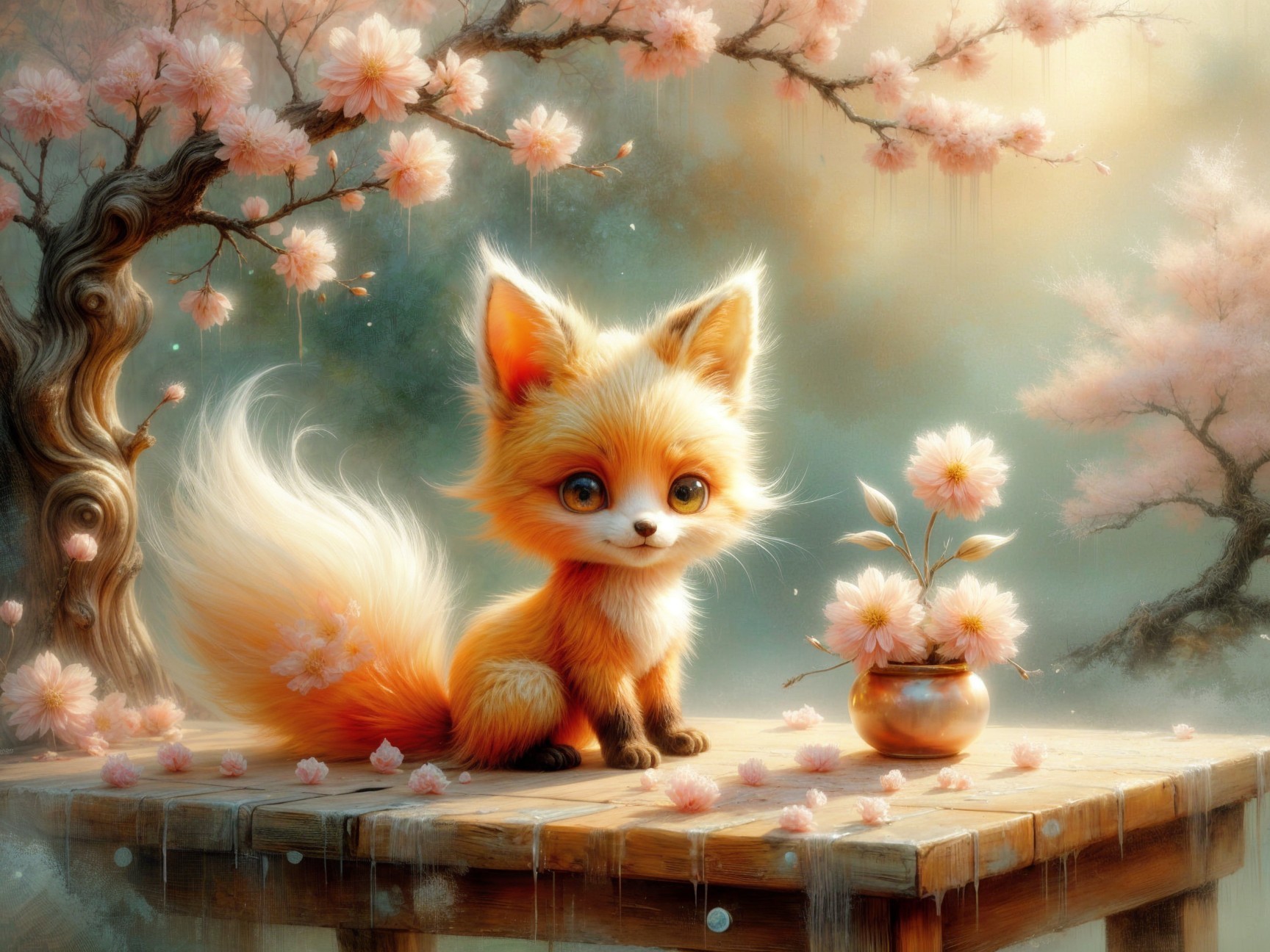 Fluffy fox on table with cherry blossom petals