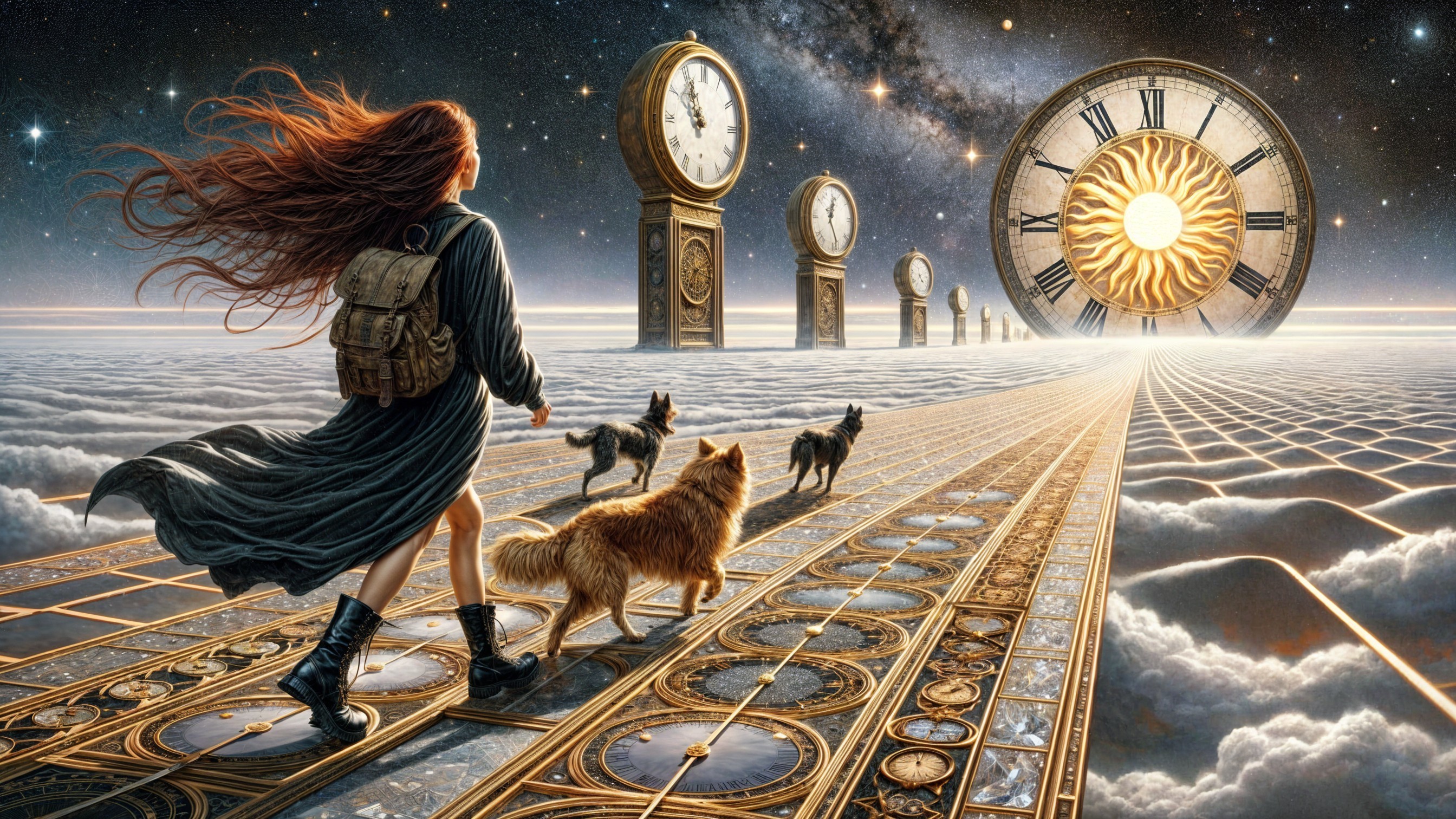 Surreal scene of a woman on a golden clock pathway