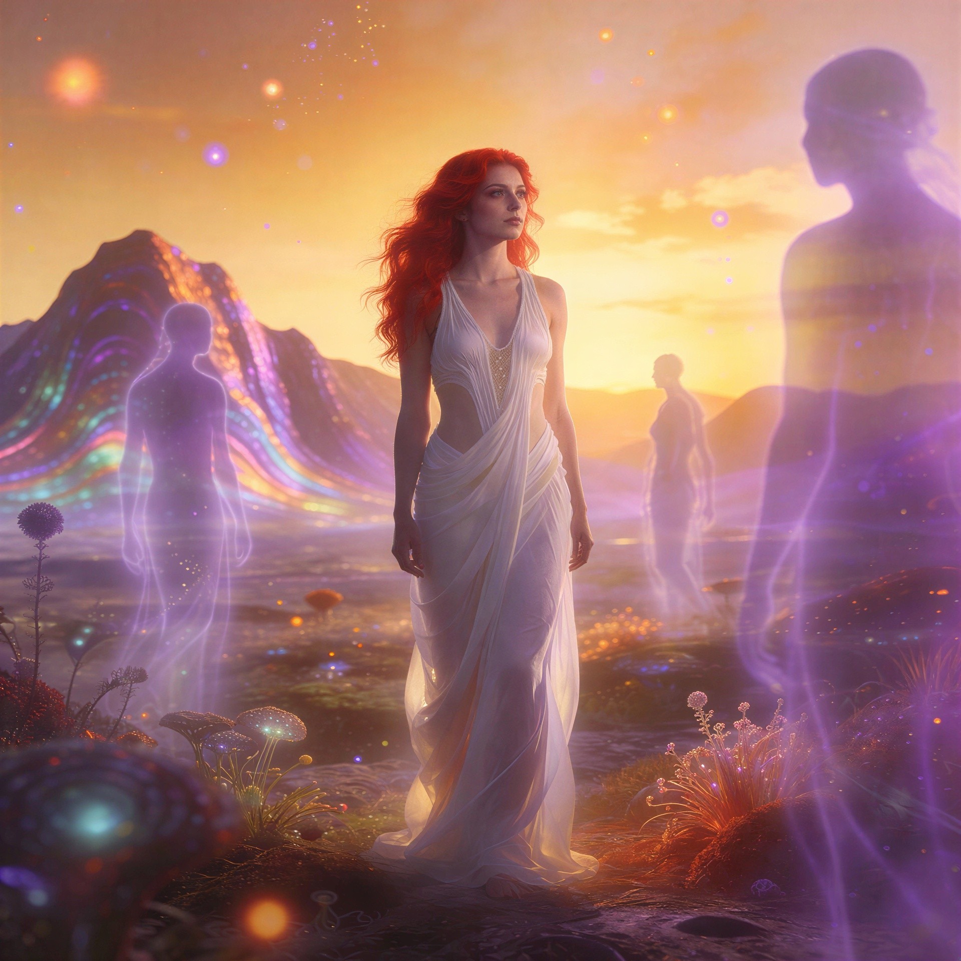 Young Woman in White Dress Surrounded by Ghostly Figures