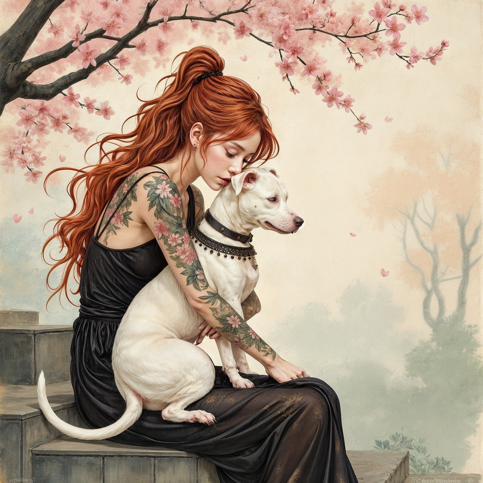 Young Woman with Dog Amid Cherry Blossoms Scene