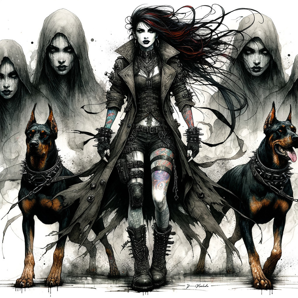 Female Character in Flowing Coat with Doberman Dogs