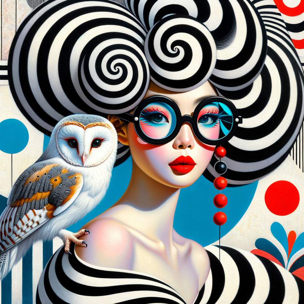 Portrait of a woman with spiral hair and owl companion