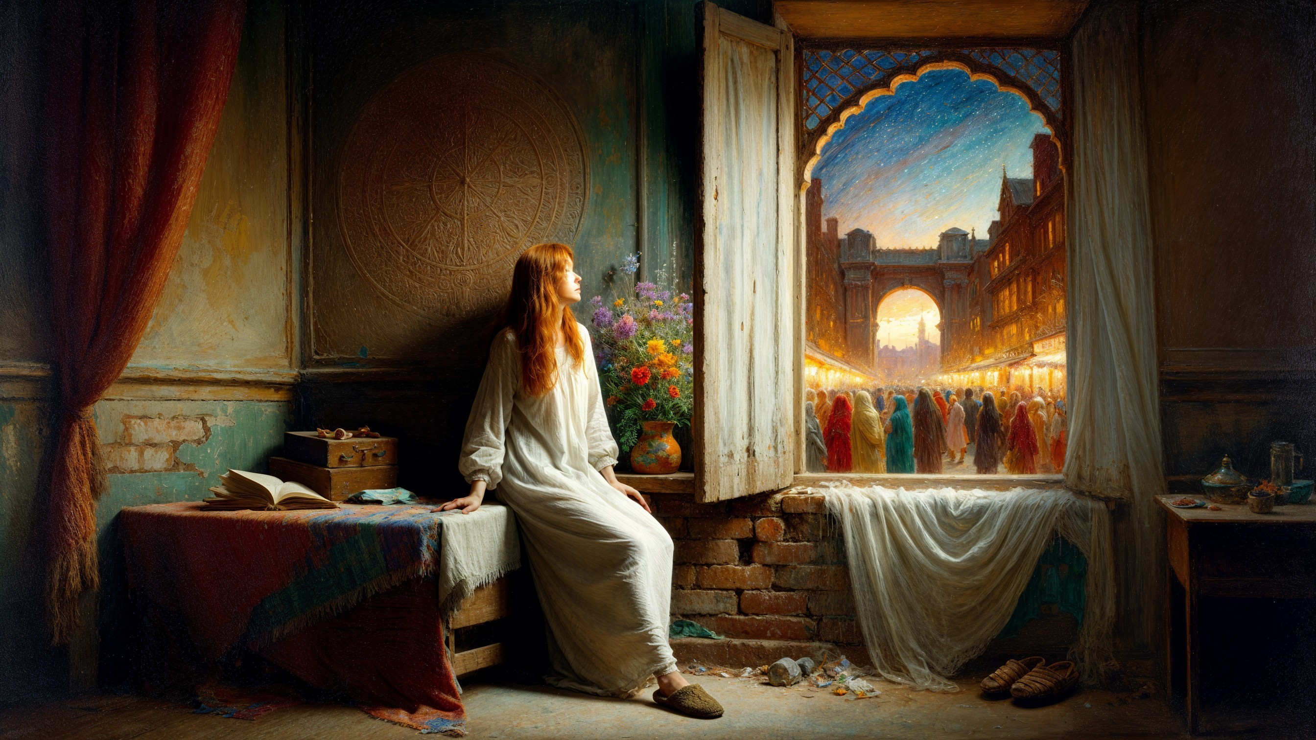 Serene Young Woman in Rustic Room with Market View