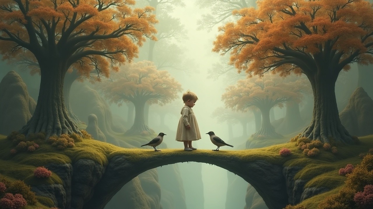 Child on Stone Bridge in Enchanted Autumn Forest