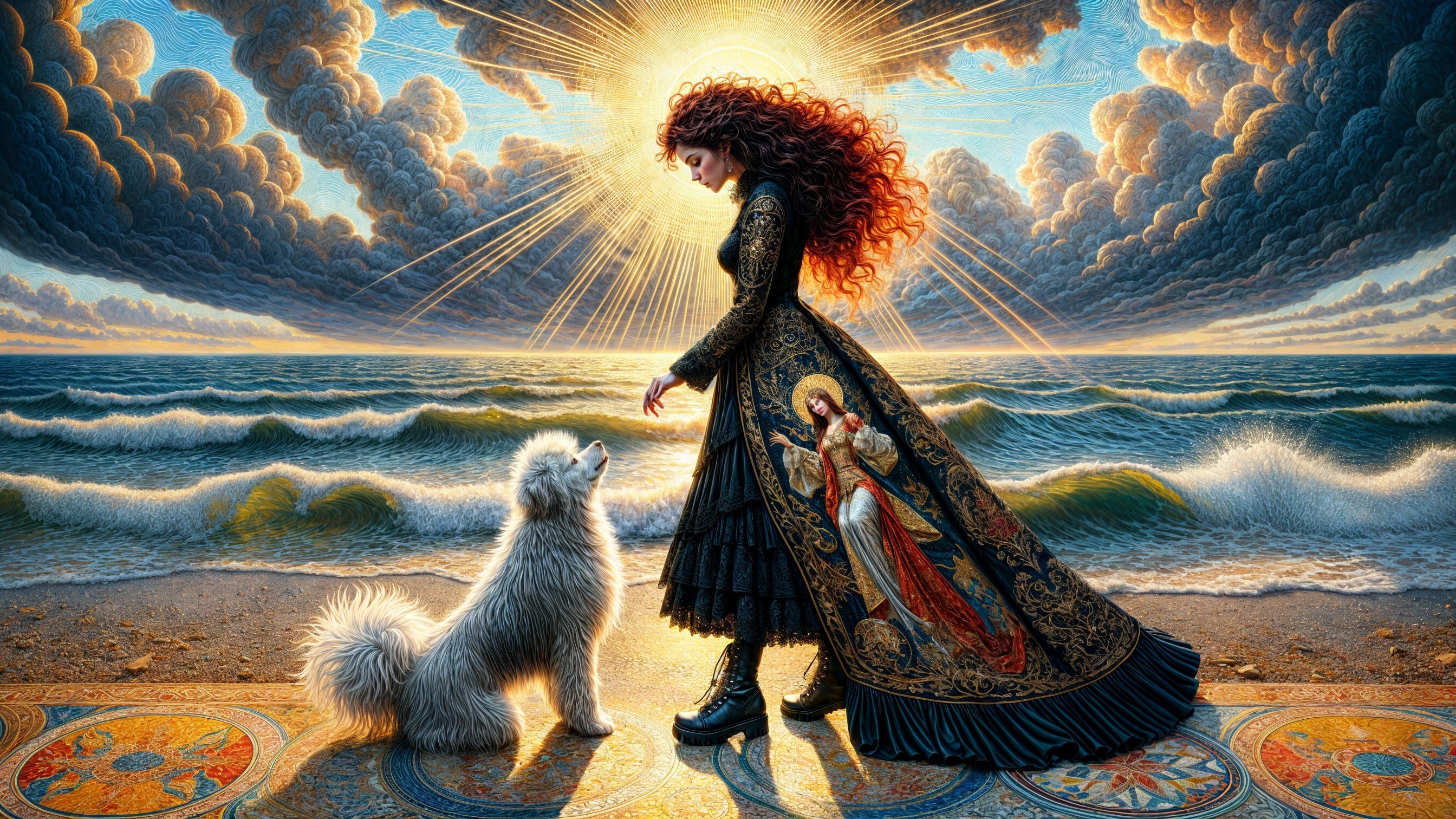 Woman in black dress with dog on a beach scene