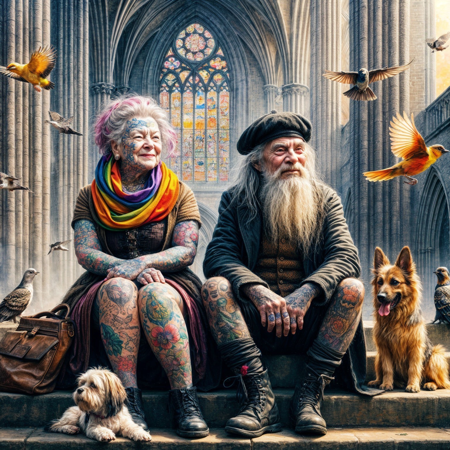 Elderly Couple in Gothic Setting with Vibrant Tattoos