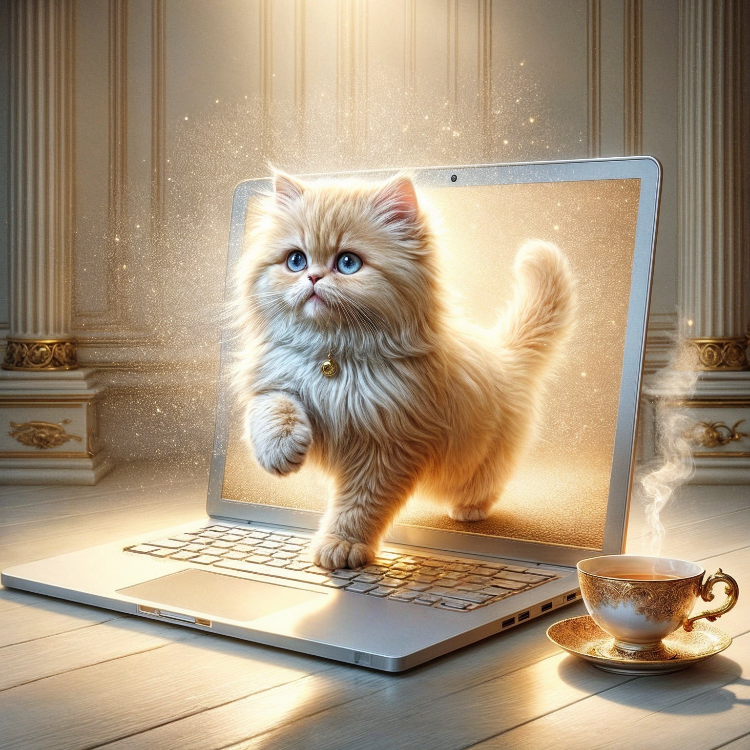 Golden Persian Kitten Playfully Emerges from Laptop