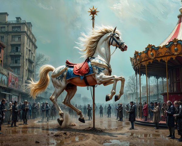 Majestic white horse before ornate carousel and onlookers
