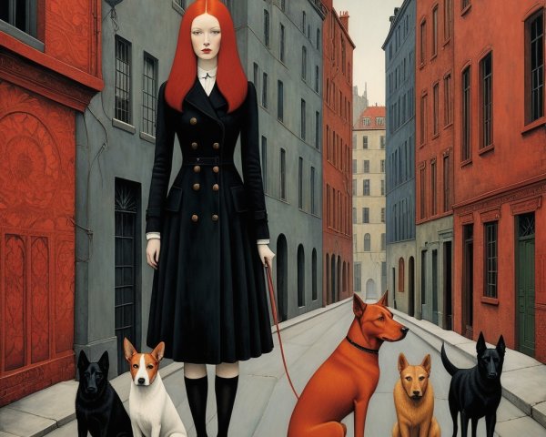 Woman with Red Hair and Dogs in Urban Street Scene