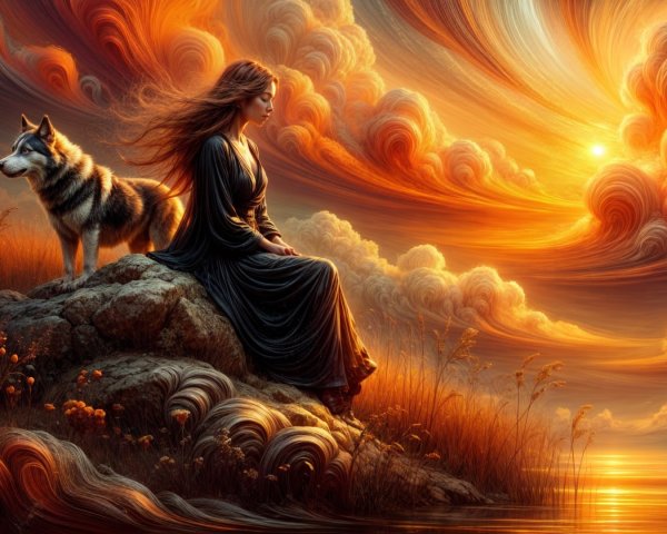 Woman in Black Dress with Wolf at Sunset by Water