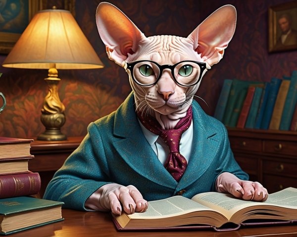 Sphynx Cat in Blazer Reading at a Wooden Desk